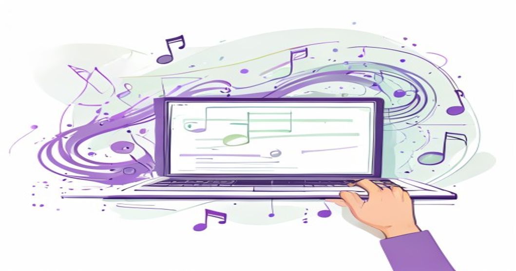 AI for Creators - Laptop with music notes and creative elements flowing