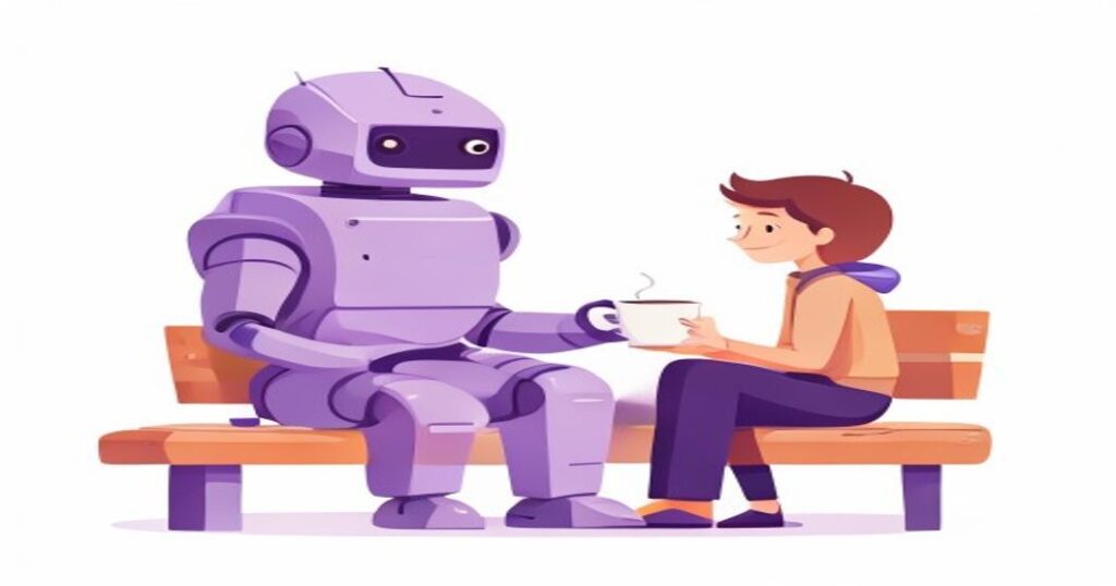 AI Is Not Scary - Friendly purple robot sharing coffee with person on bench