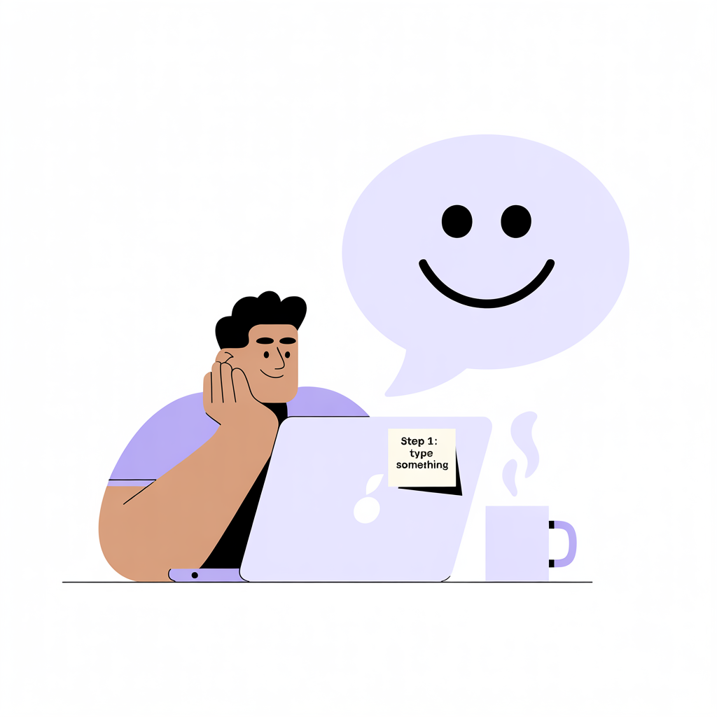 Person sitting at laptop with friendly chat bubble - ChatGPT beginner guide illustration