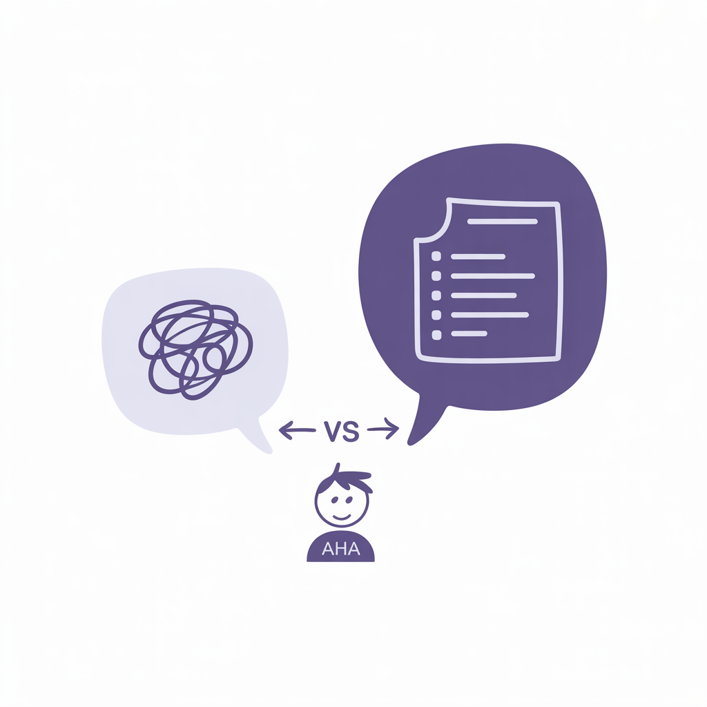 Two speech bubbles comparing bad vs good AI prompts - better prompts illustration