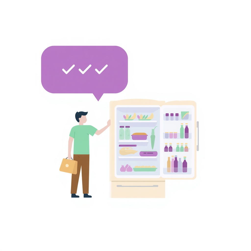 Person at fridge with AI meal plan checklist - AI simplifies daily life illustration