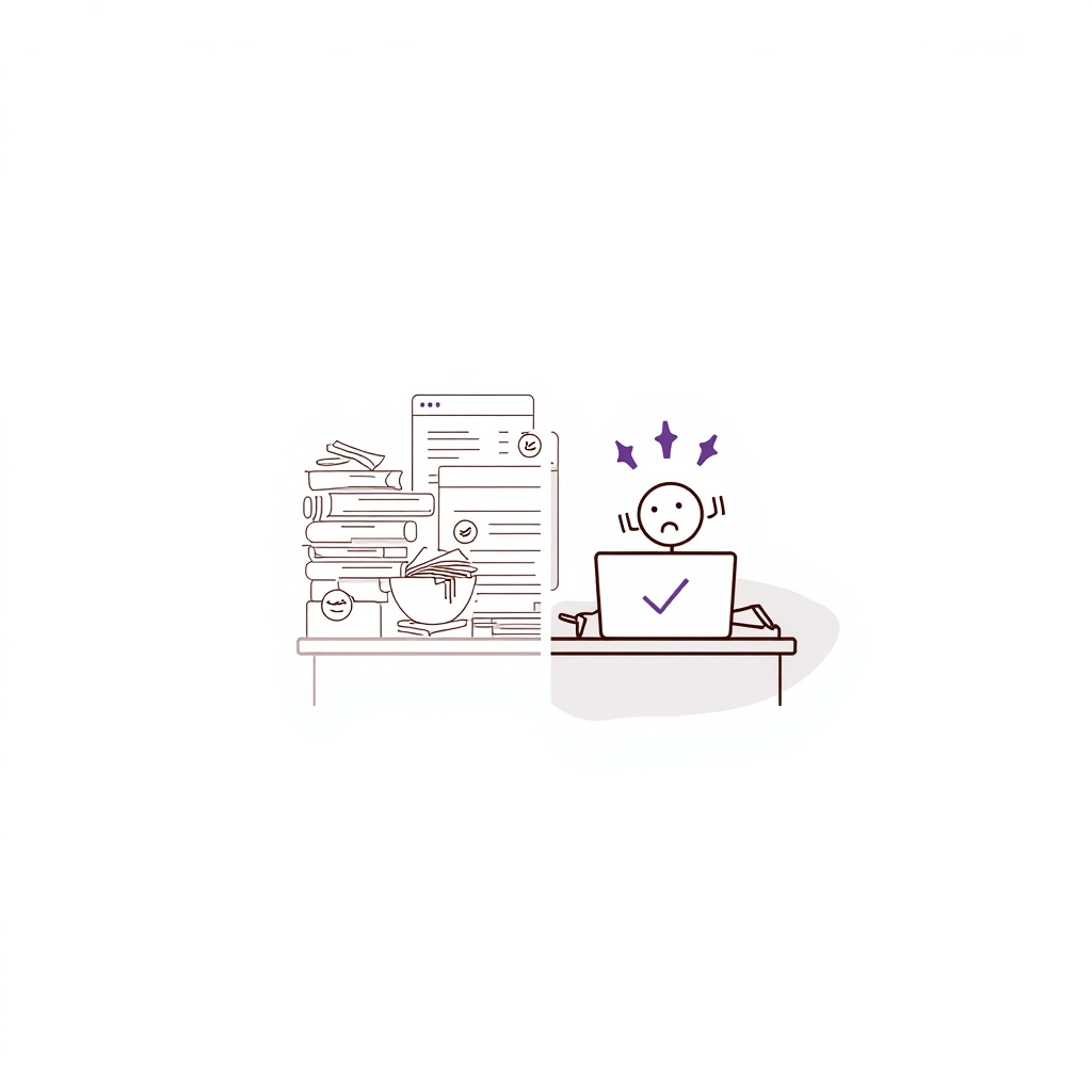 Split screen messy desk vs organized desk - AI saves time at work illustration
