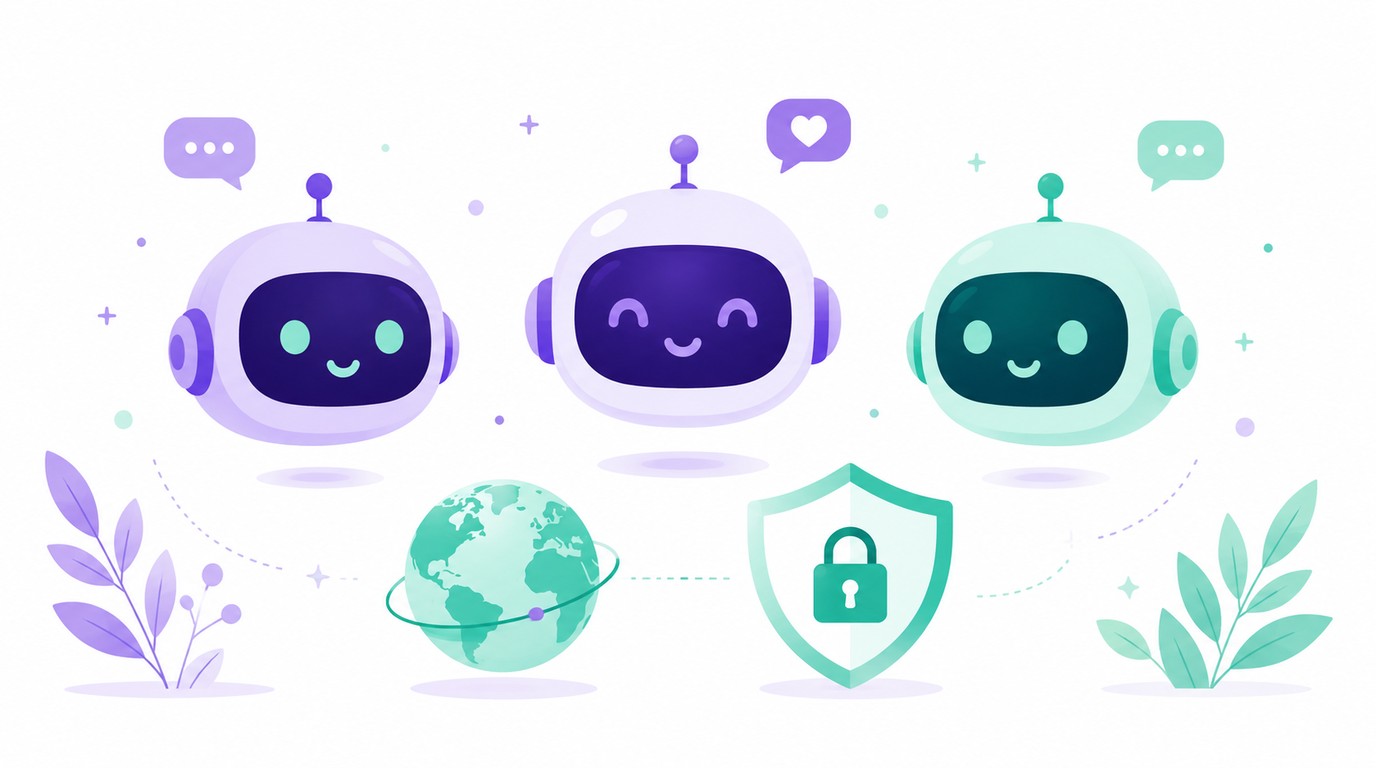 Three friendly AI robot mascots with a globe and a padlock shield, symbolising Chinese AI models (DeepSeek, Qwen, Kimi) and data privacy