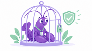 Purple cartoon lobster safely inside a cage with a shield and padlock — OpenClaw security