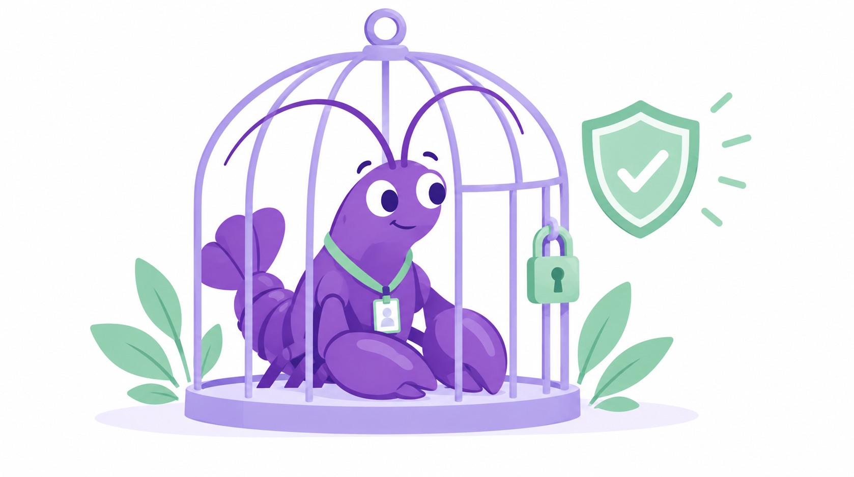 Purple cartoon lobster safely inside a cage with a shield and padlock — OpenClaw security
