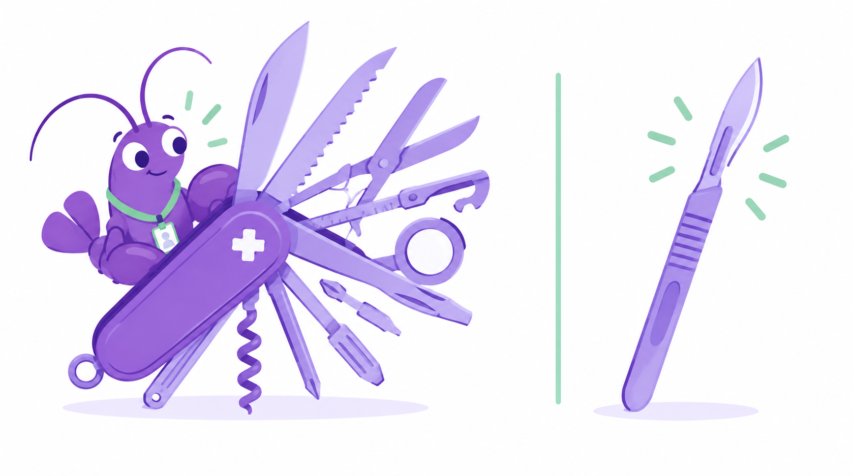 Swiss Army knife with lobster mascot versus a scalpel — OpenClaw vs Claude Code