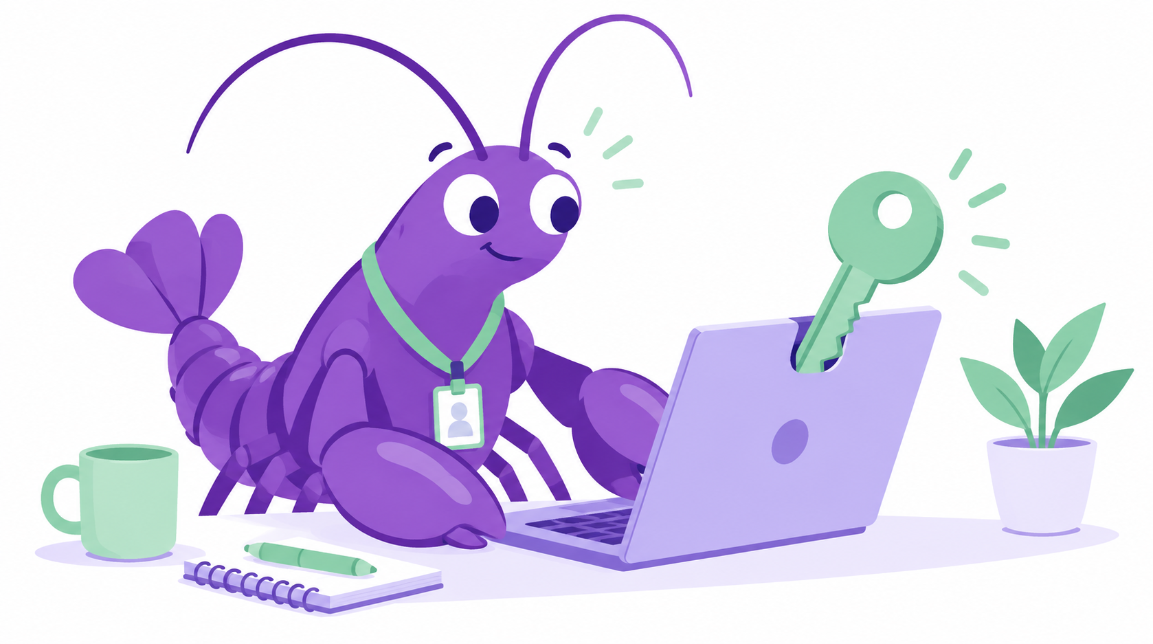Purple cartoon lobster with an intern lanyard at a laptop with a key — OpenClaw explained